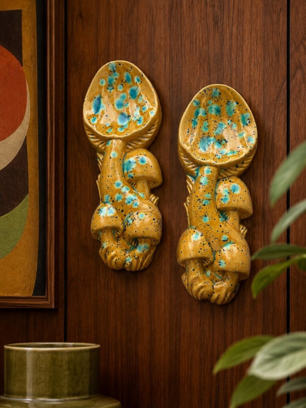 Vintage 1970s Ceramic Mushroom Wall Pockets MCM Boho Pottery Set of 2